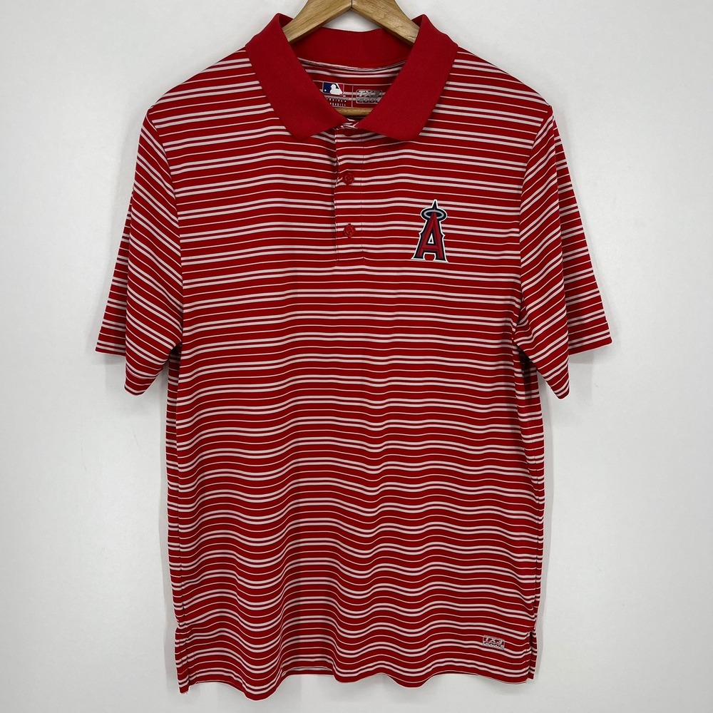MLB Los‎ Angeles Angels Mens Red White Striped TX3 Cool Polo Shirt Large